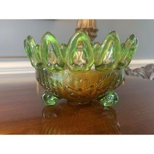 Antique Northwood Green Carnival Glass Reticulated Nut Bowl Wild Rose "N"